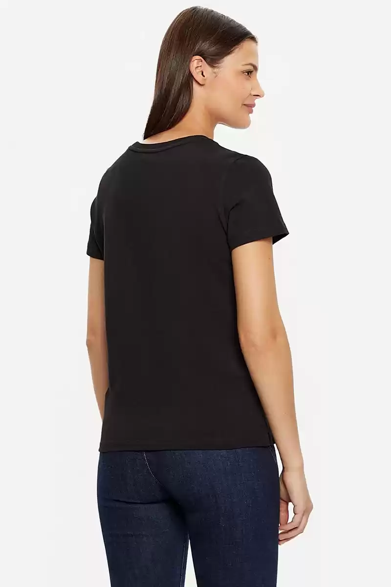 Guess Kadın Siyah Parıltılı Pullu Logolu Bej T-Shirt