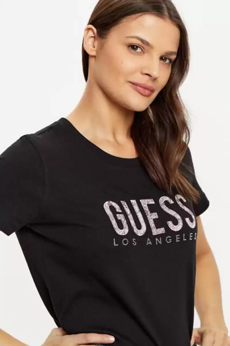 Guess Kadın Siyah Parıltılı Pullu Logolu Bej T-Shirt