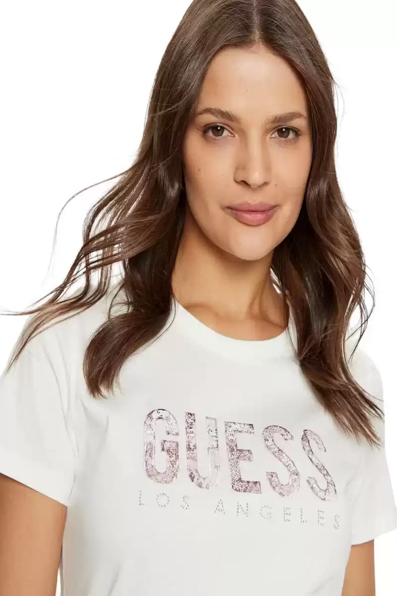 Guess Kadın Beyaz Parıltılı Pullu Logolu Bej T-Shirt