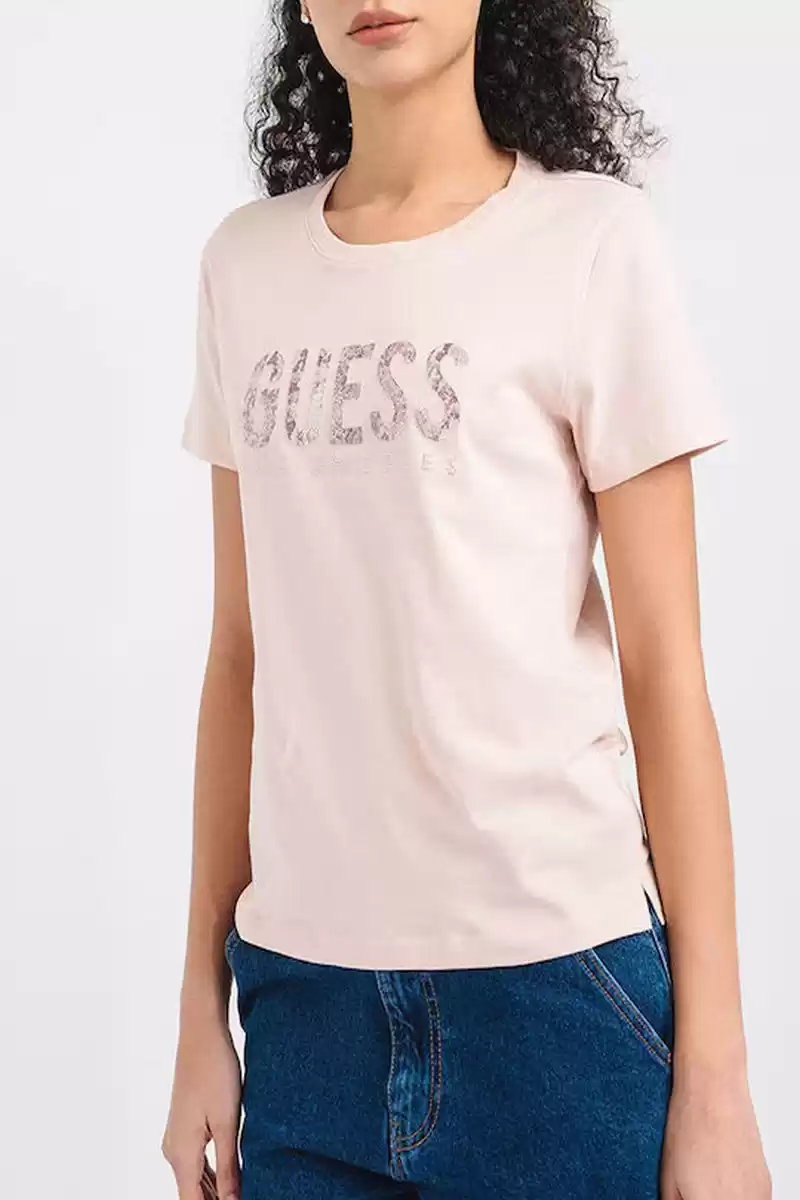 Guess Kadın Pembe Parıltılı Pullu Logolu  T-Shirt