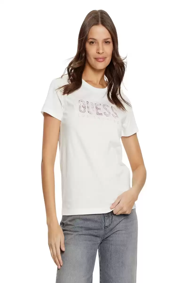 Guess Kadın Beyaz Parıltılı Pullu Logolu Bej T-Shirt