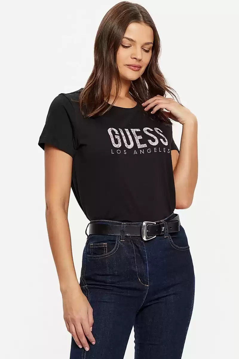 Guess Kadın Siyah Parıltılı Pullu Logolu Bej T-Shirt