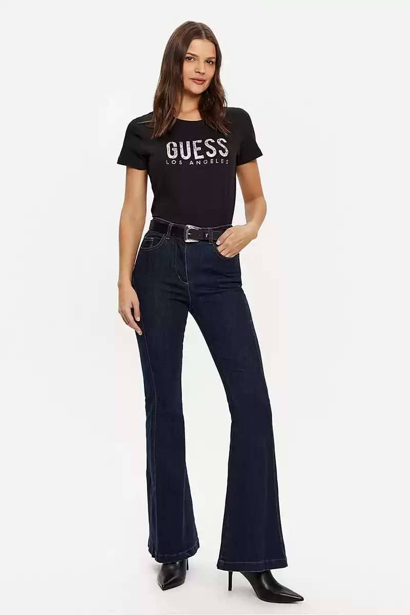 Guess Kadın Siyah Parıltılı Pullu Logolu Bej T-Shirt