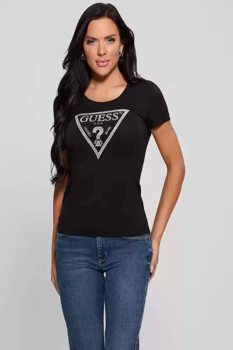 Guess Kadın Parlak Üçgen Logolu Siyah T-Shirt