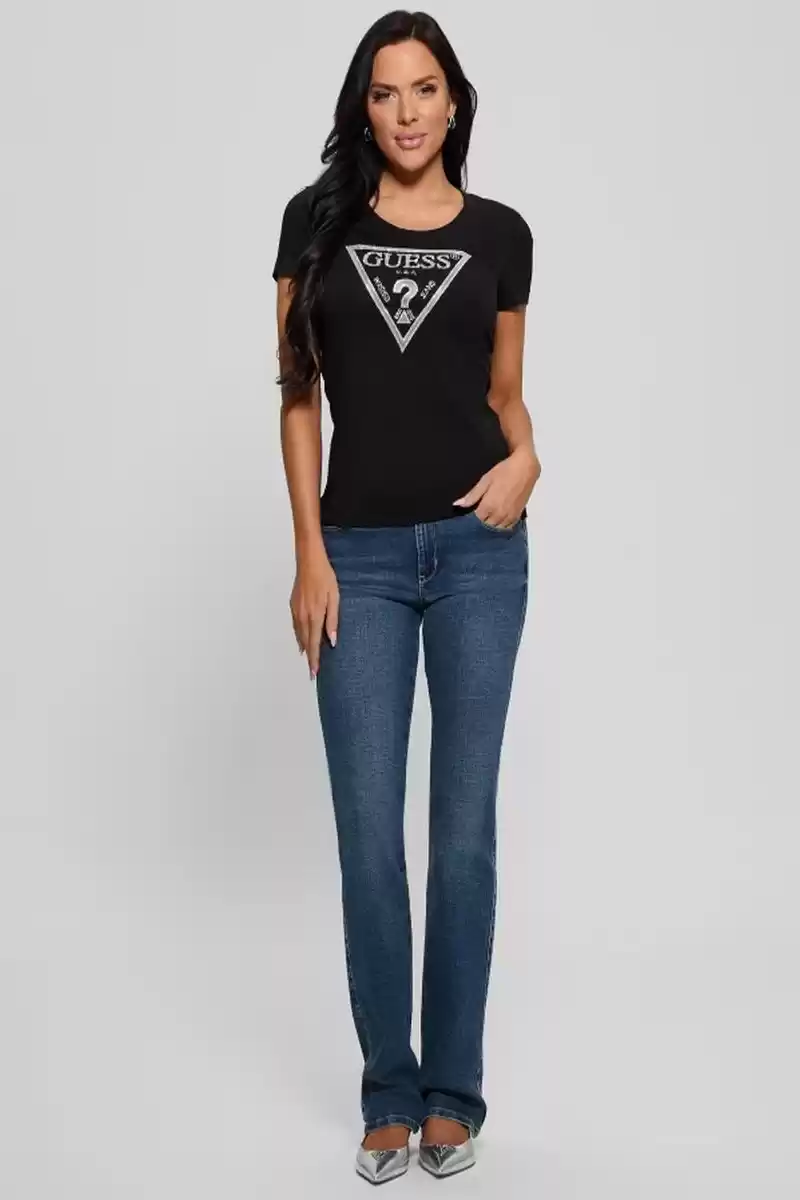 Guess Kadın Parlak Üçgen Logolu Siyah T-Shirt