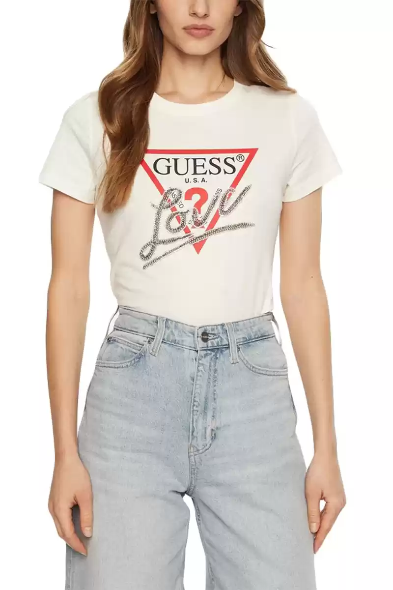 Guess Kadın Taşlı Love Logolu Beyaz T-Shirt