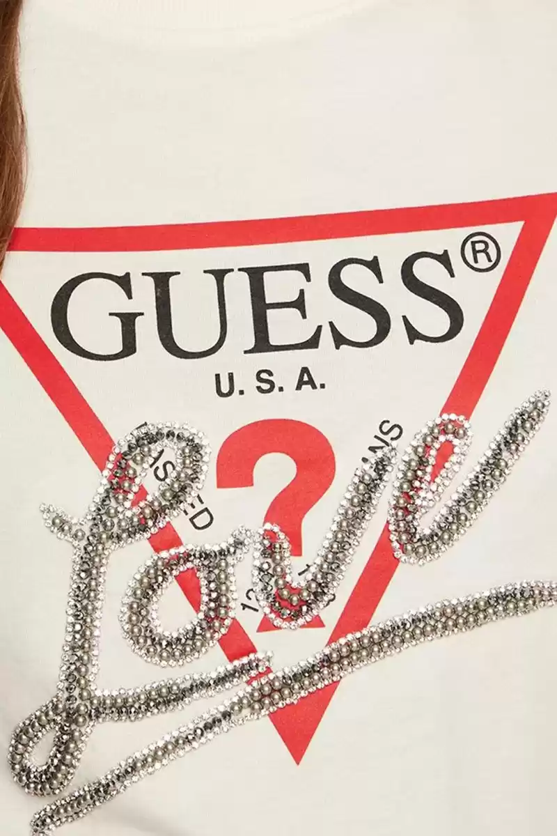 Guess Kadın Taşlı Love Logolu Beyaz T-Shirt