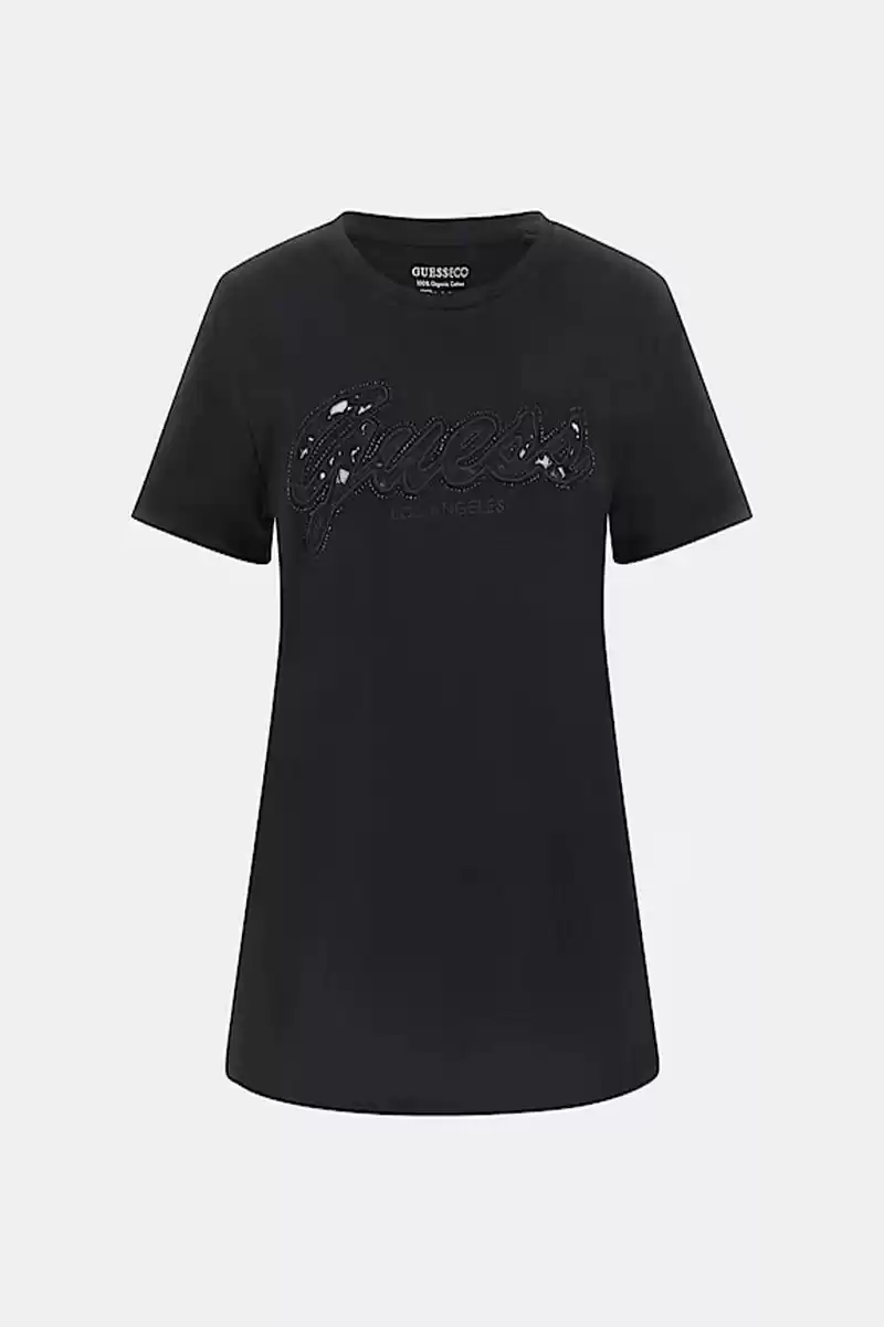 Guess Kadın Siyah Taşlı Dantel Logolu T-Shirt