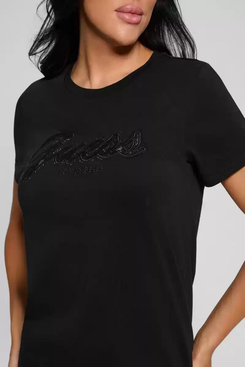 Guess Kadın Siyah Taşlı Dantel Logolu T-Shirt