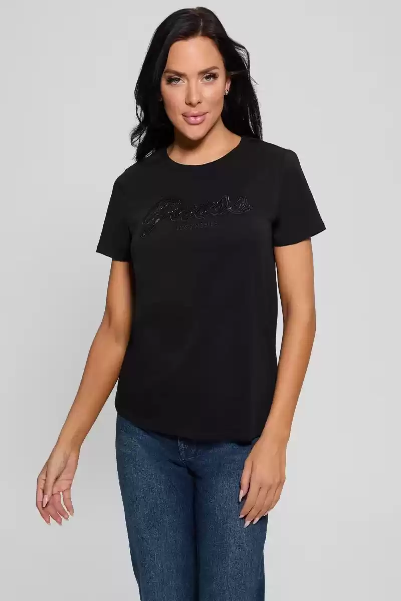 Guess Kadın Siyah Taşlı Dantel Logolu T-Shirt