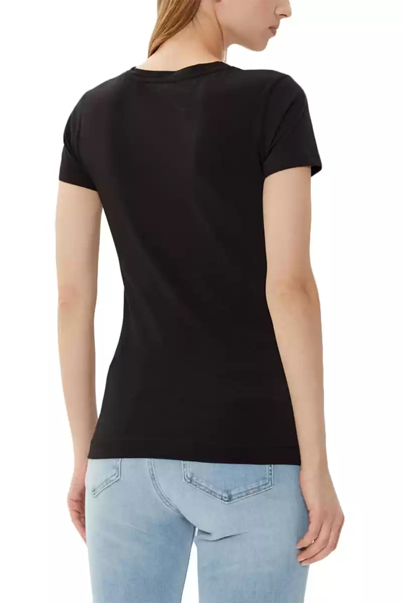 Guess Kadın Siyah Logo Baskılı Jarse V Yaka T-Shirt