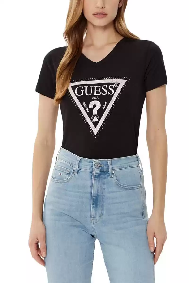 Guess Kadın Siyah Logo Baskılı Jarse V Yaka T-Shirt