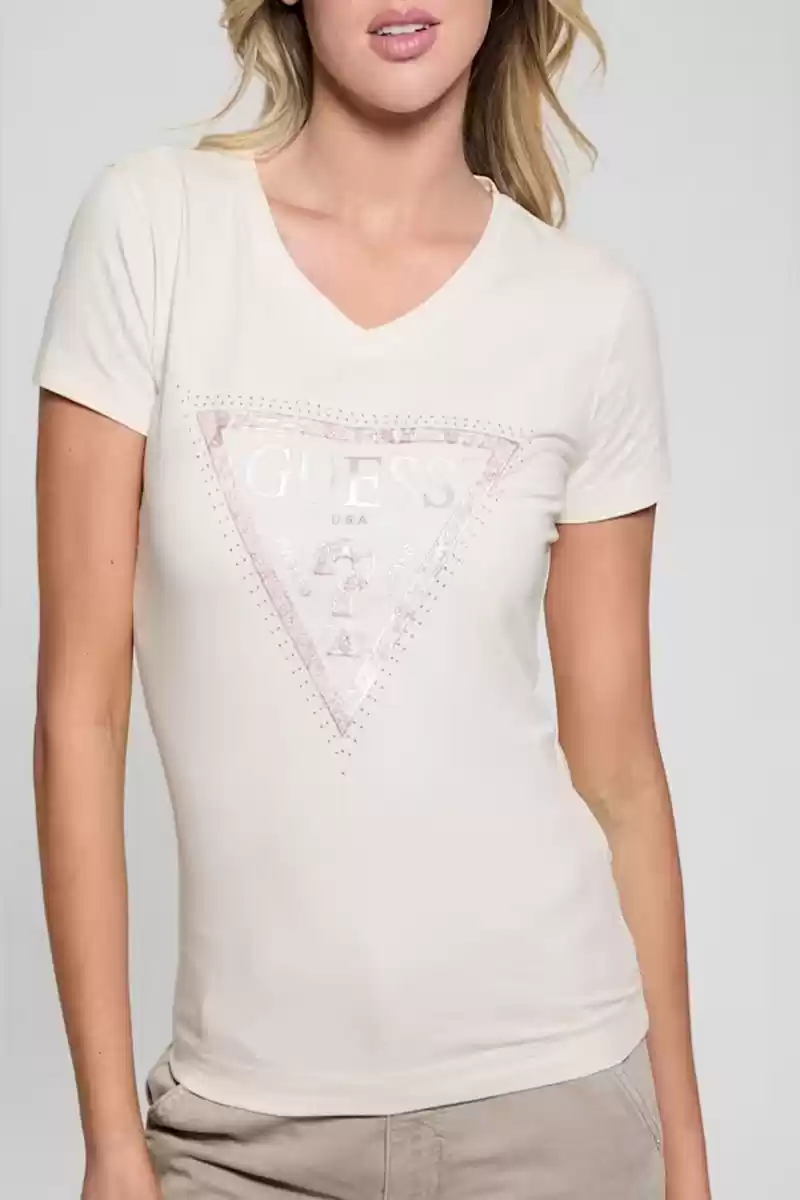 Guess Kadın Beyaz Logo Baskılı Jarse V Yaka T-Shirt