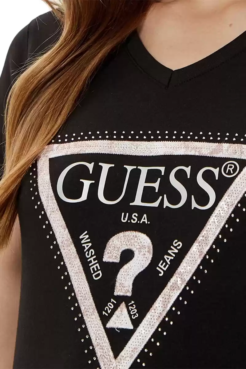 Guess Kadın Siyah Logo Baskılı Jarse V Yaka T-Shirt