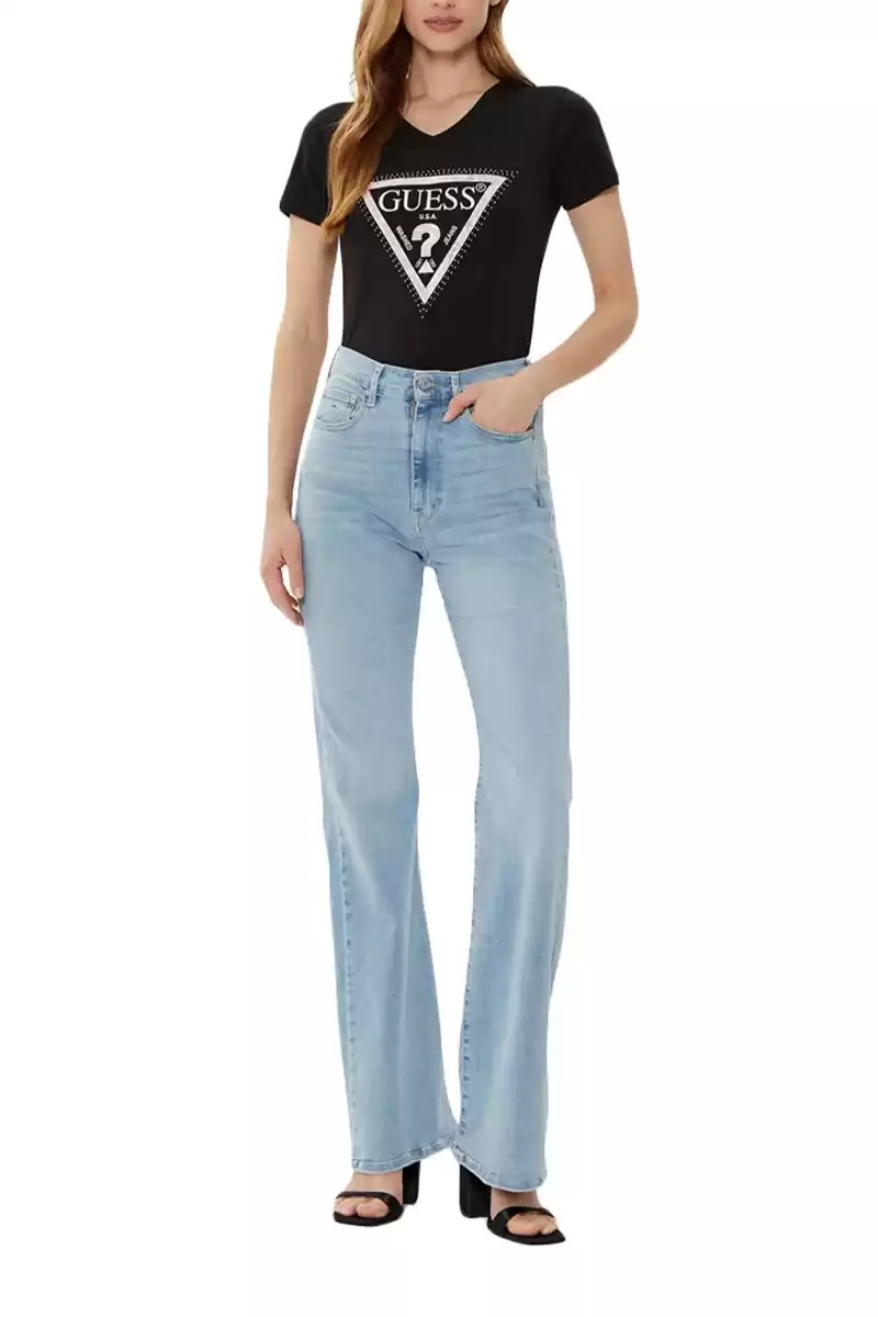 Guess Kadın Siyah Logo Baskılı Jarse V Yaka T-Shirt