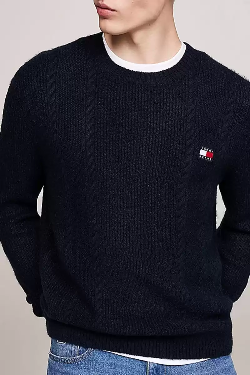 Tommy Jeans Erkek Yuvarlak Yaka İnce Siyah Kazak