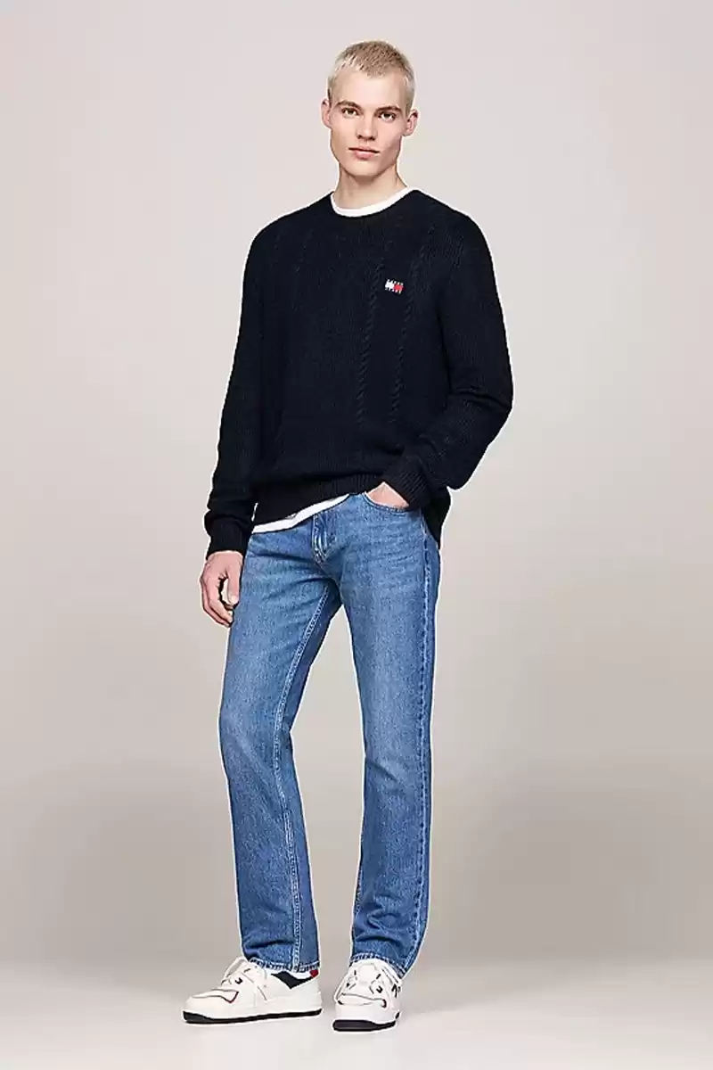 Tommy Jeans Erkek Yuvarlak Yaka İnce Siyah Kazak
