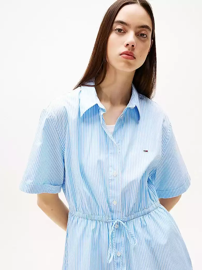 Tommy Hilfiger Kadın Çizgili Rahat Mini Gömlek Elbise
