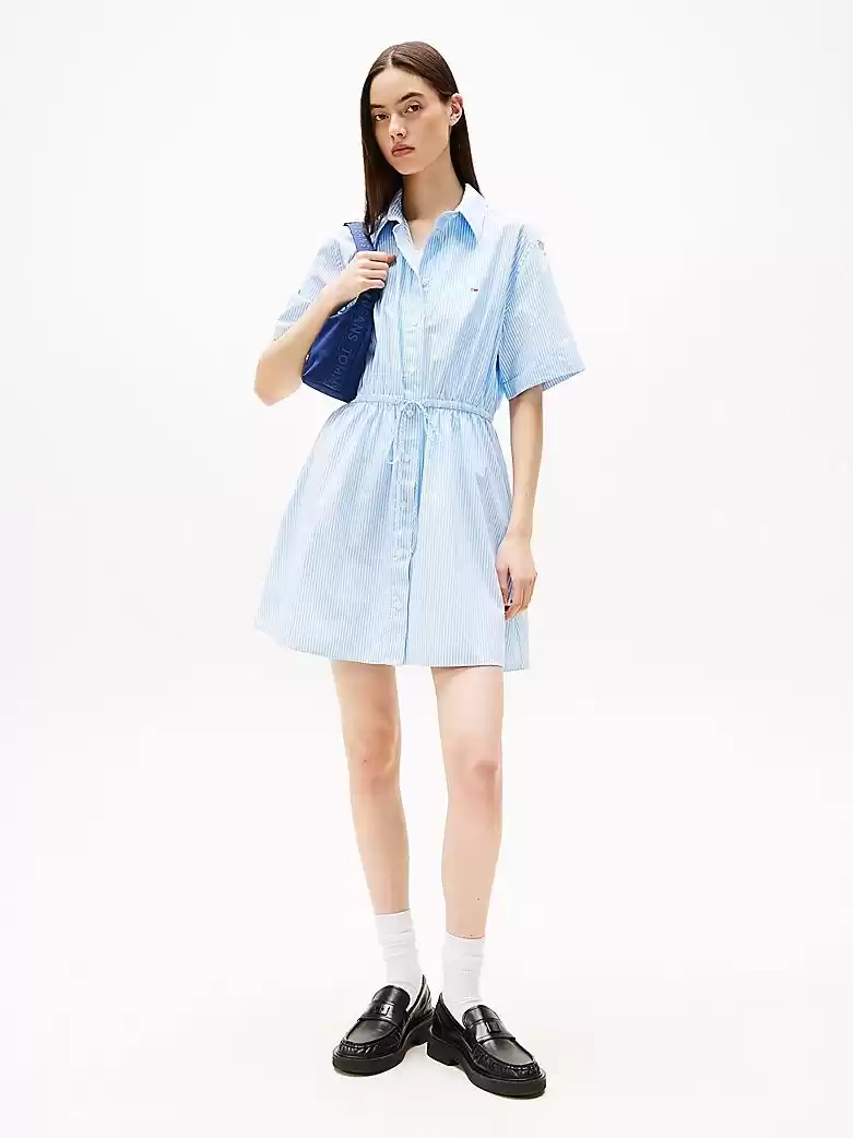 Tommy Hilfiger Kadın Çizgili Rahat Mini Gömlek Elbise