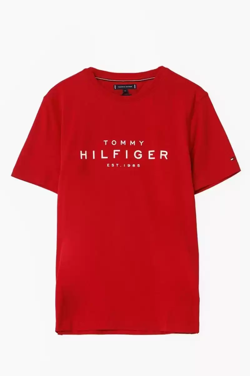 Tommy Hilfiger Erkek Kırmızı Logo Yuvarlak Yaka T-Shirt