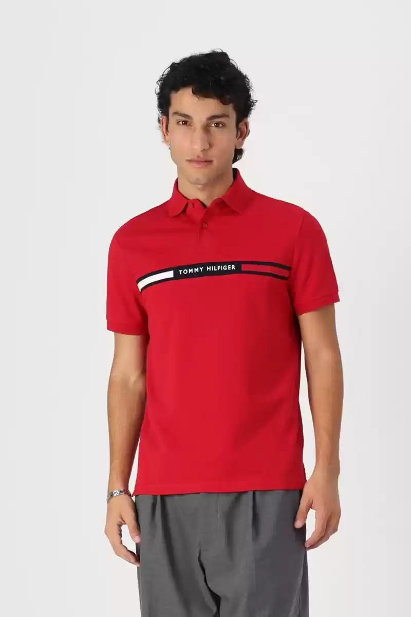 Tommy Hilfiger Erkek Kırmızı Polo Yaka Şerit Logo T-Shirt