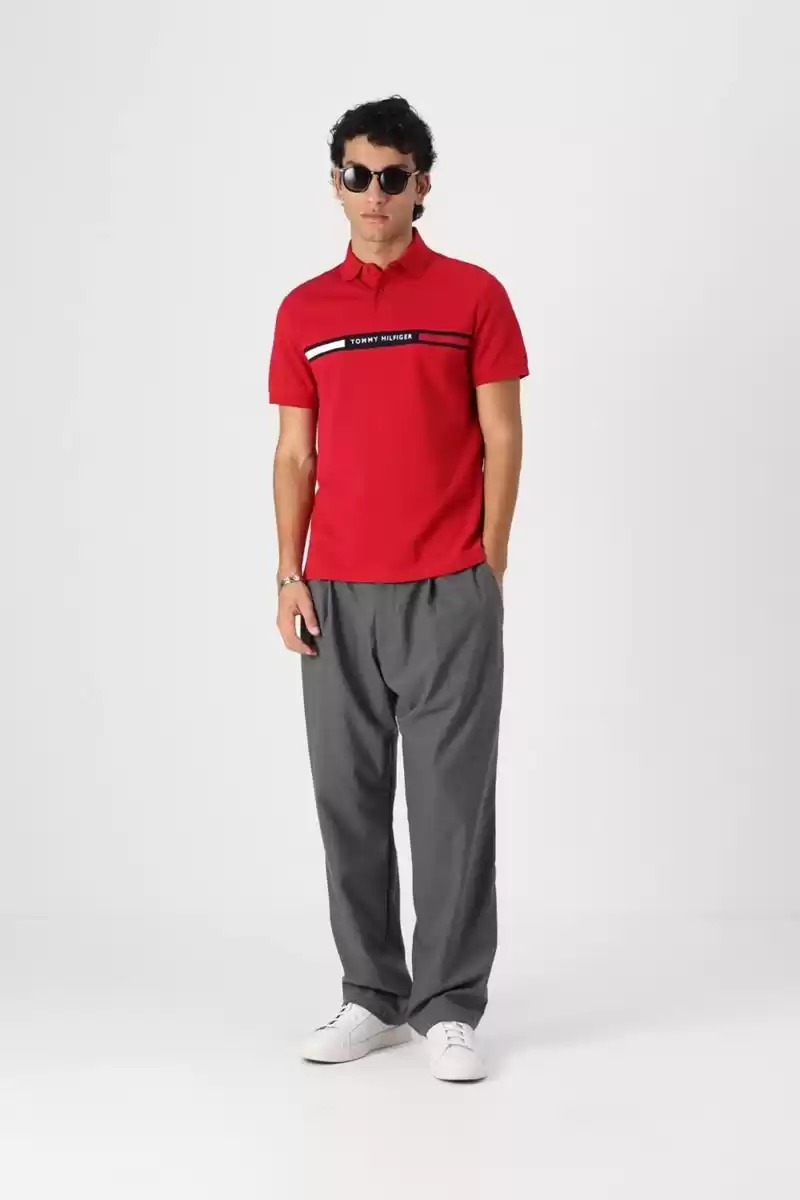 Tommy Hilfiger Erkek Kırmızı Polo Yaka Şerit Logo T-Shirt
