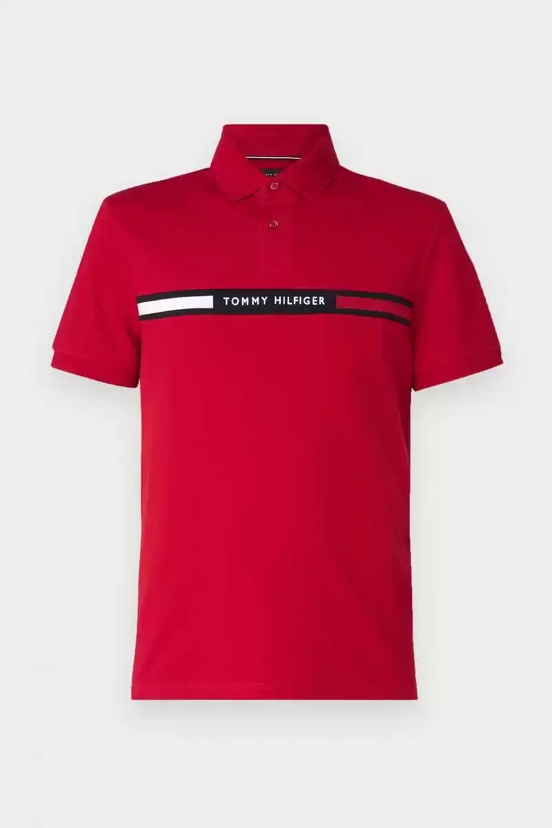 Tommy Hilfiger Erkek Kırmızı Polo Yaka Şerit Logo T-Shirt