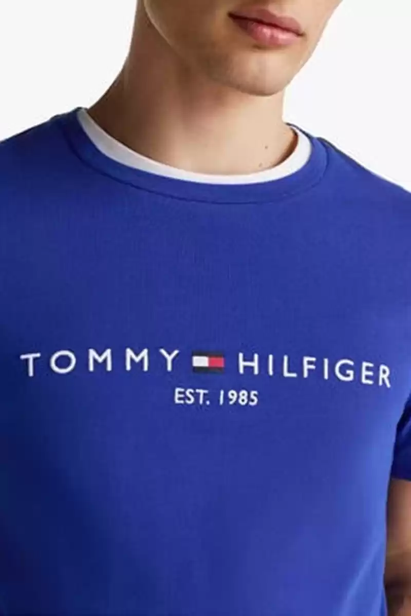 Tommy Hilfiger Erkek Mavi Slim Fit Logo Nakışlı T-Shirt