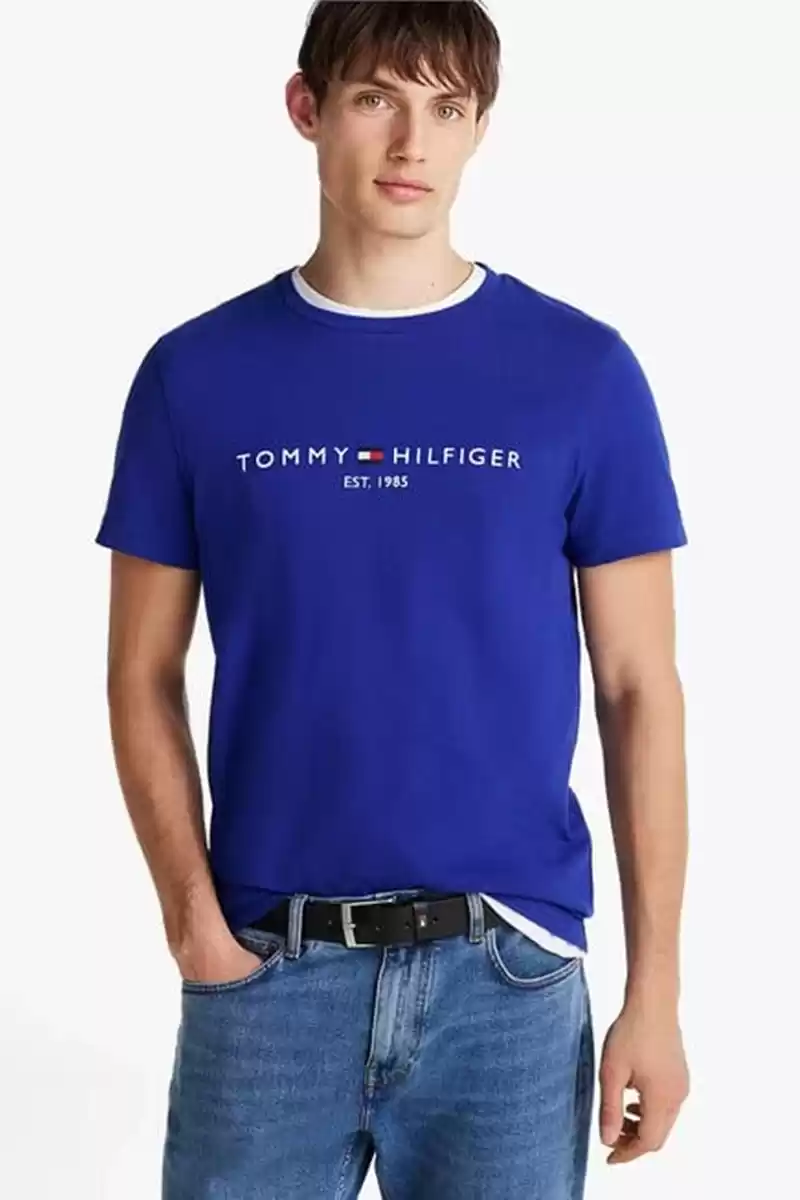 Tommy Hilfiger Erkek Mavi Slim Fit Logo Nakışlı T-Shirt