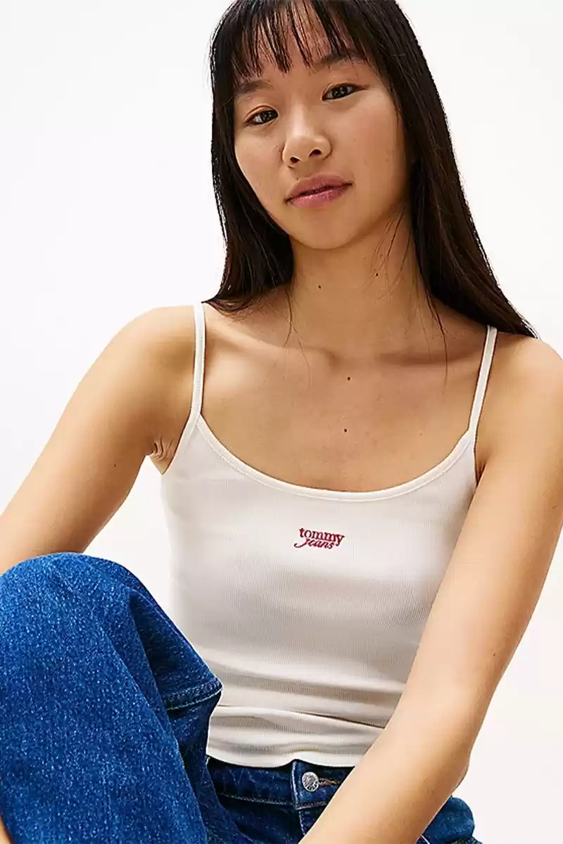 Tommy Hilfiger Kadın Kaburgalı İnce Beyaz Askılı Üst