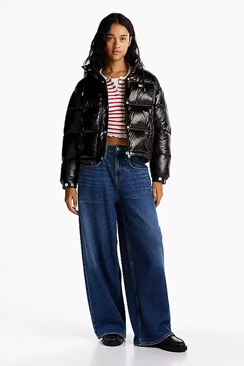 Tommy Hilfiger Kadın Siyah Parlak Kapşonlu Şişme Mont