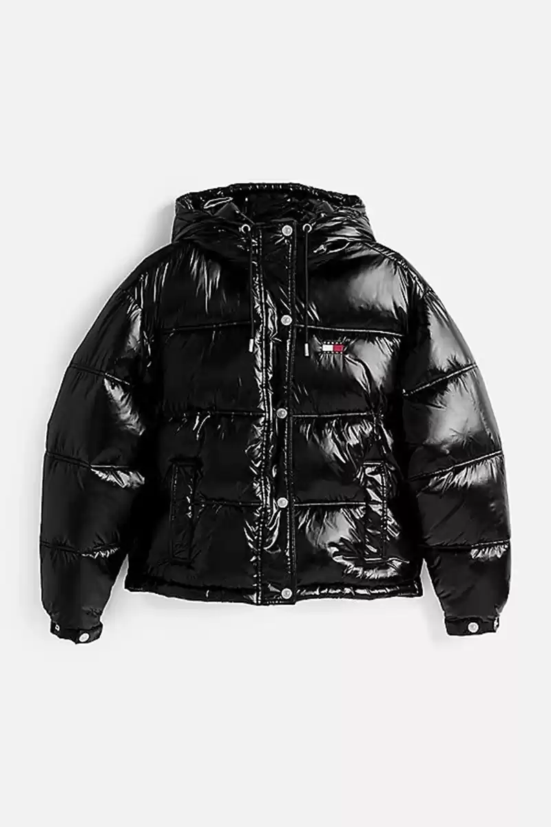 Tommy Hilfiger Kadın Siyah Parlak Kapşonlu Şişme Mont