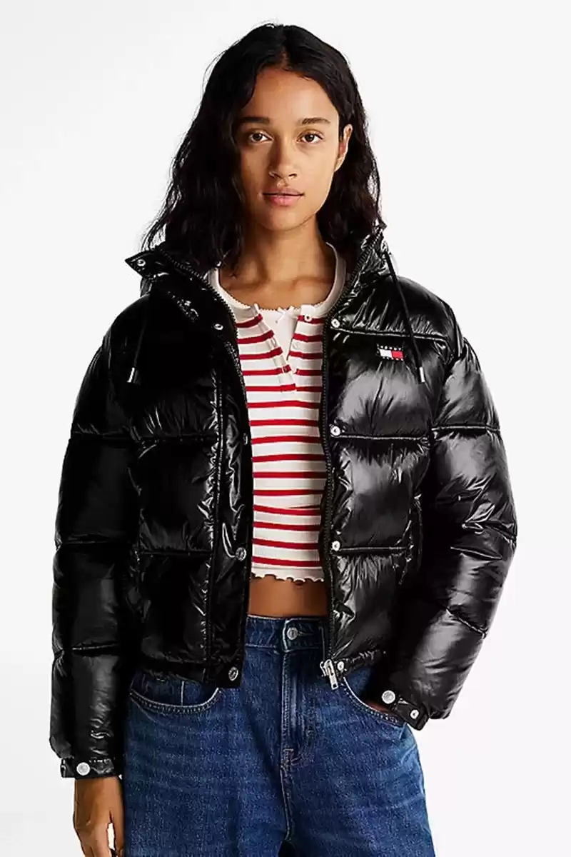Tommy Hilfiger Kadın Siyah Parlak Kapşonlu Şişme Mont