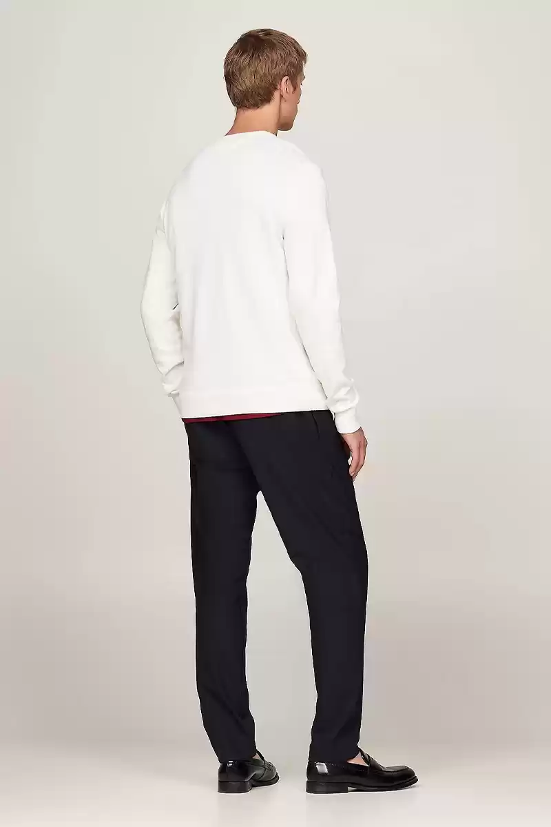 Tommy Hilfiger Erkek Logolu Bisiklet Yaka Beyaz Kazak