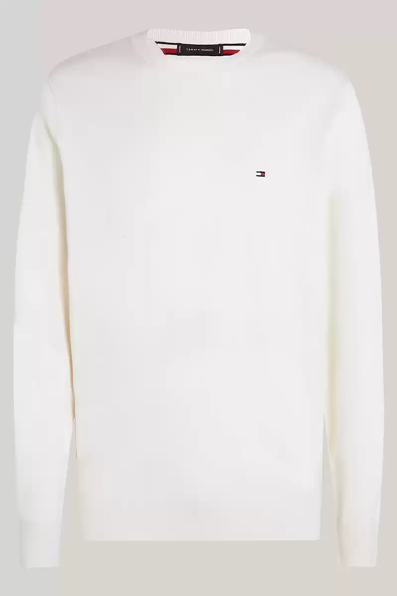 Tommy Hilfiger Erkek Logolu Bisiklet Yaka Beyaz Kazak