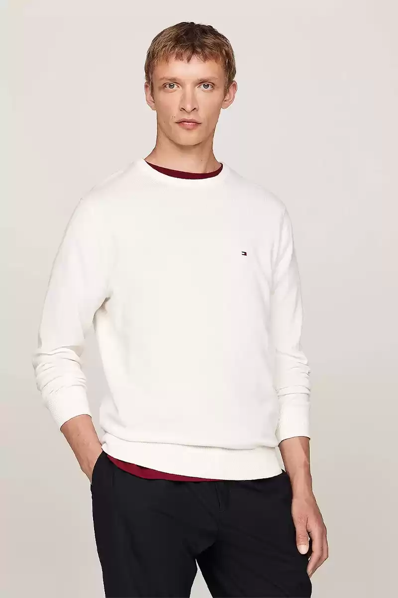 Tommy Hilfiger Erkek Logolu Bisiklet Yaka Beyaz Kazak