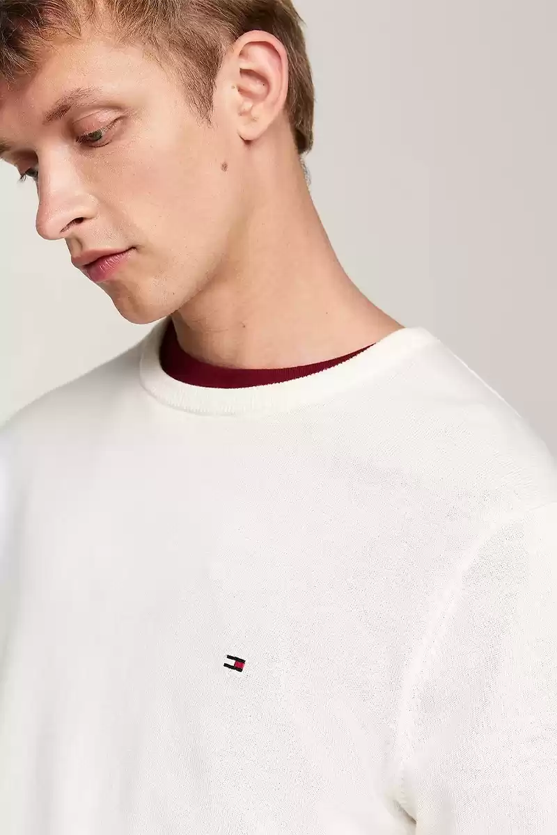 Tommy Hilfiger Erkek Logolu Bisiklet Yaka Beyaz Kazak