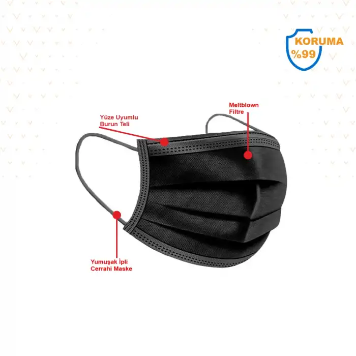 Maske 3 Katlı Meltblownlu Telli Cerrahi - Siyah 50li Kutu