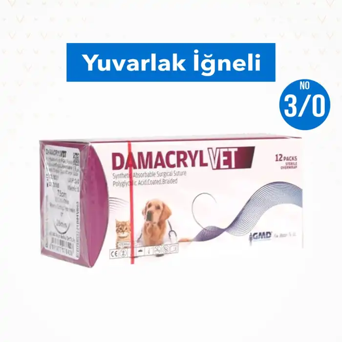 Damacryl-Vet Cerrahi PGA (Emilebilir) İplik 75cm YUVARLAK İğneli 12li Paket No: 3/0