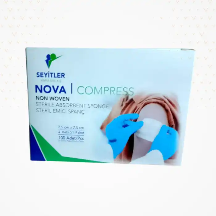 Seyitler Nova Kompres Steril Nonwoven 7,5cm x 7,5cm Spanç 100lü Kutu