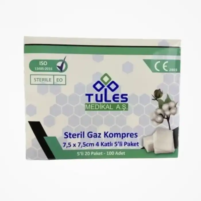 Tules Steril Gaz Kompres 4 Kat 7,5cm x 7,5cm (5li Zarf) - 100lü Kutu
