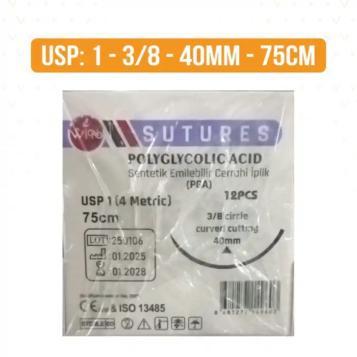 WinPet Sütür PGA USP 1 (3/8 circle 40mm) Keskin Sentetik Emilebilir - 12li Paket