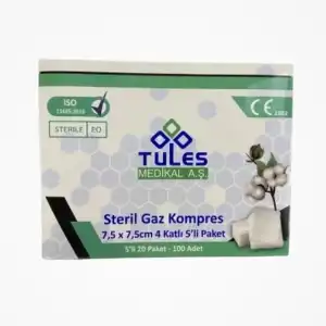 Tules Steril Gaz Kompres 4 Kat 7,5cm x 7,5cm (5li Zarf) - 100lü Kutu