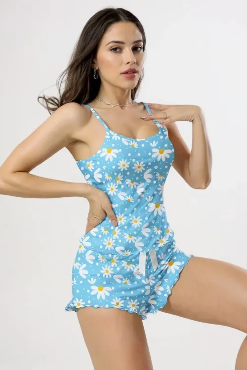 Papatya Baskılı Mavi Askılı Şortlu Pijama Takımı