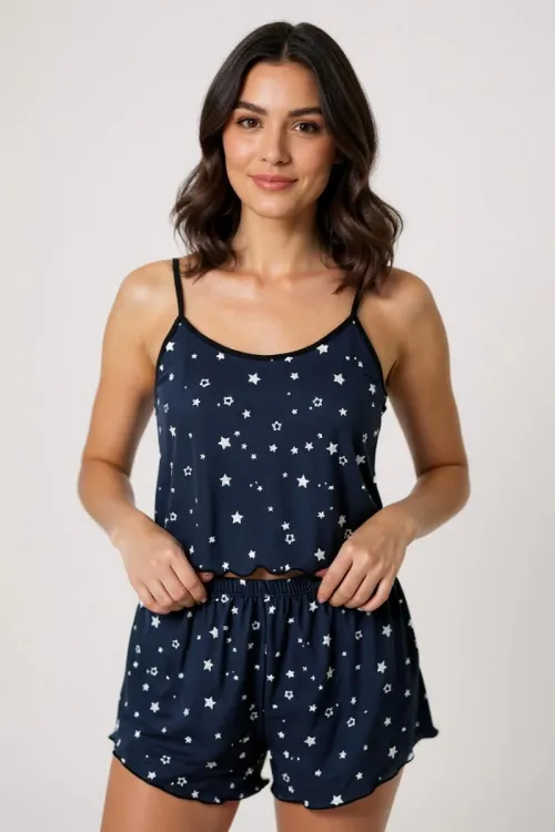 Yıldız Desenli Lacivert Şortlu Pijama Takımı