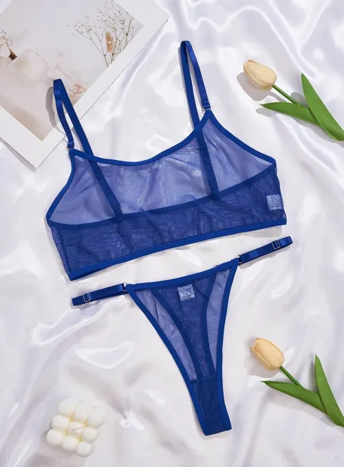 Mavi Transparan Tül Bralet Tanga İç Giyim Takımı TM1389