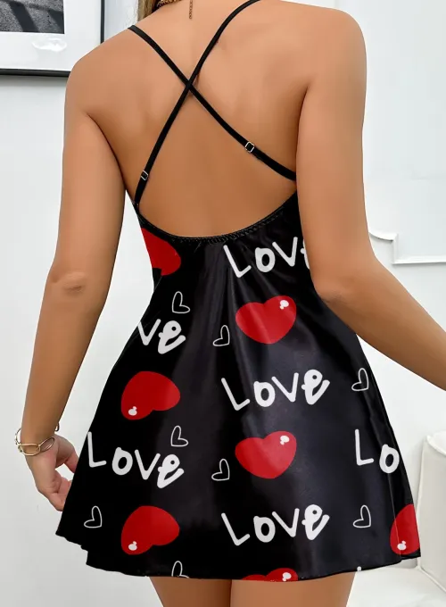 Aşk Temalı Kalp Desenli Siyah Saten Gecelik