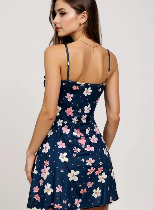 Çiçek Desenli Mavi Askılı Gecelik