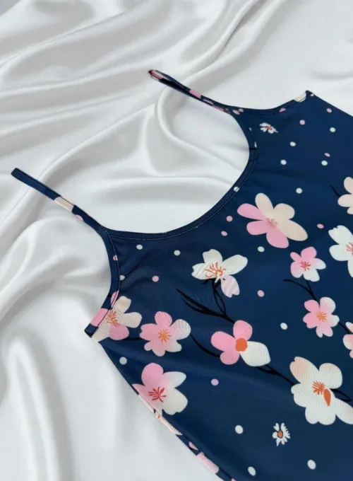 Çiçek Desenli Mavi Askılı Gecelik