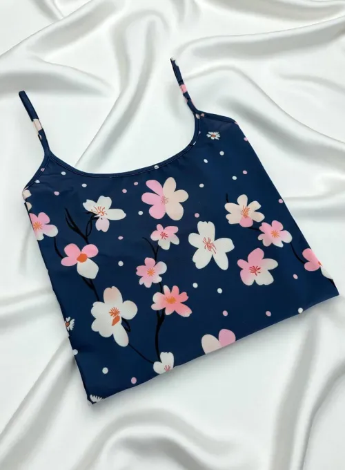 Çiçek Desenli Mavi Askılı Gecelik